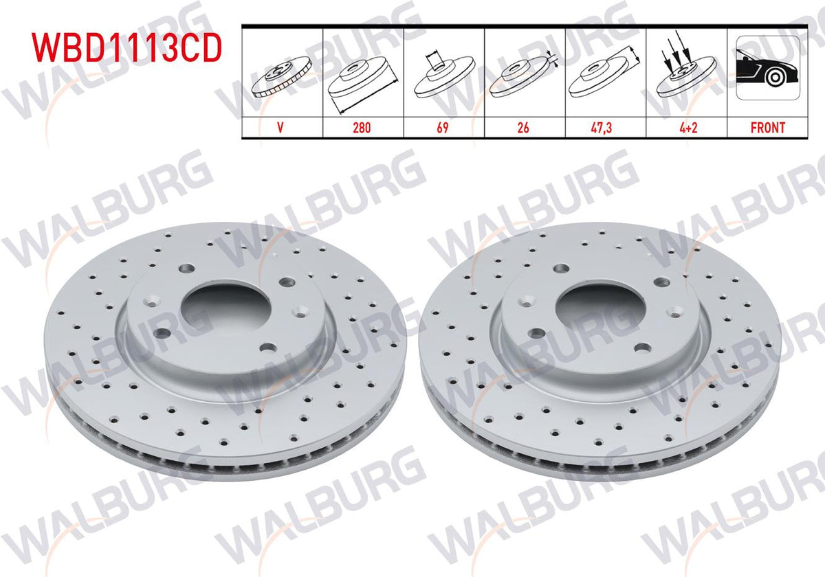 WALBURG WBD1113CD Brake Disc Front Air Coated Performance Drilled 4 Bjn 280X26x69x47 — Brake Rotors & Drums