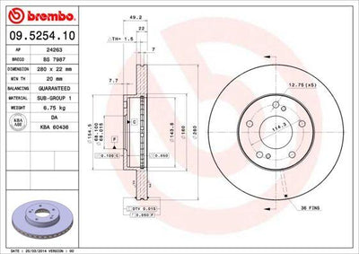 Brembo 09.5254.10 Brake Disc Front Air Grooved 280-5 (Nissan Maxima 95-00) — Brake Rotors & Drums