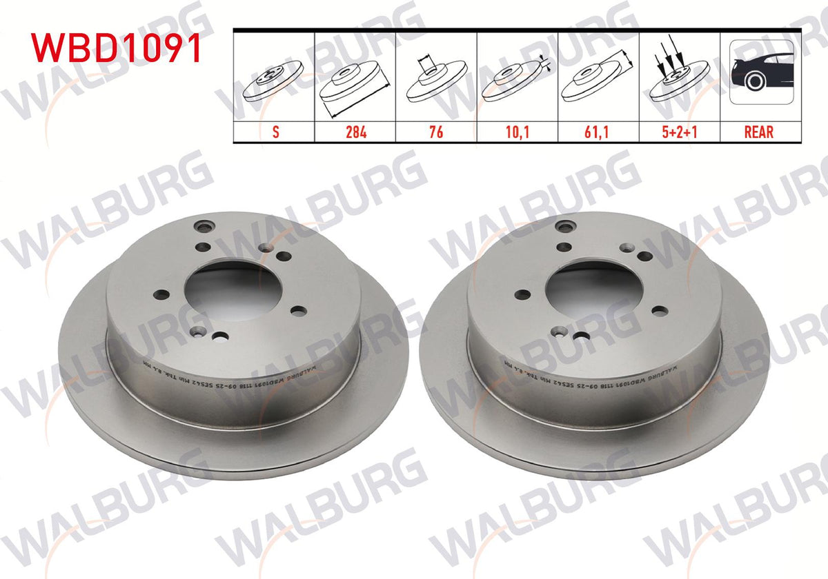 WALBURG WBD1091 Brake Disc Rear Straight 5 Bjn 284X10,1X76x61,1 Hyundai Tucson 2.0 CRDi 2004-2010 / Ix35 (Lm) 2.0 CRDi 4X4 18 Rim 2010-/ Kia Sportage 2.0 CRDi 2004-2010 / Sportage (Sl) 2.0-1.6 G