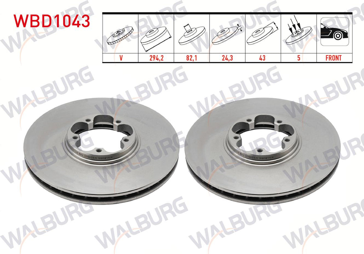 WALBURG WBD1043 Brake Disc Front Air 5 Bjn 294X24,3X82,1X43 Ford Transit 2.4 TDCi Rear Wheel Drive 2000-2006 / Transit 2.0 DI 2000-2006 / Transit (V184) 2.3 16V 2000-2006 / Transit (V184) 2.4 Td