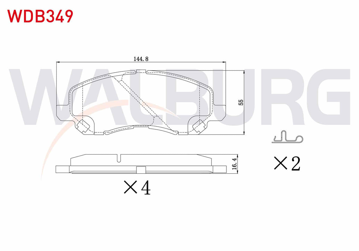 WALBURG WDB349 Brake Pad Front with Wear Indicator Mitsubishi Lancer VII 1.6 2003-2007 / Lancer 2.0 2007-/ Lancer 1.8 2007-/ Asx 1.6 16 Rim 2010-/ Asx 1.8 4X4 16 Rim 2010-/ Jeep Compass 2.0 Crd 2006-/ C