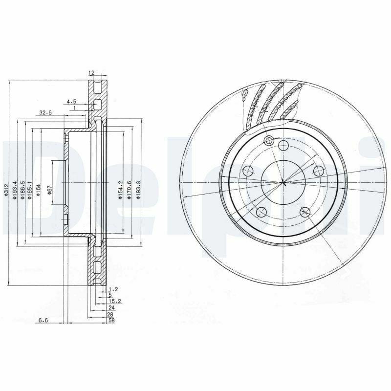 Delphi BG3756 Disc Brake Rotor for W211 280-320 - Ventilated, 5 Holes — Brake Rotors & Drums