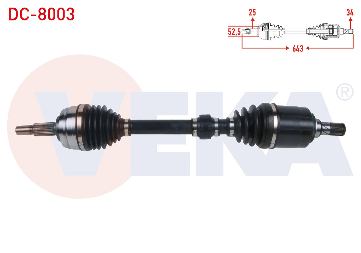 Veka DC-8003 Complete Axle Left Front Length 643mm Dacia Duster 1.5 dCi A-T 2017 — Axles, CV Joints & Boots
