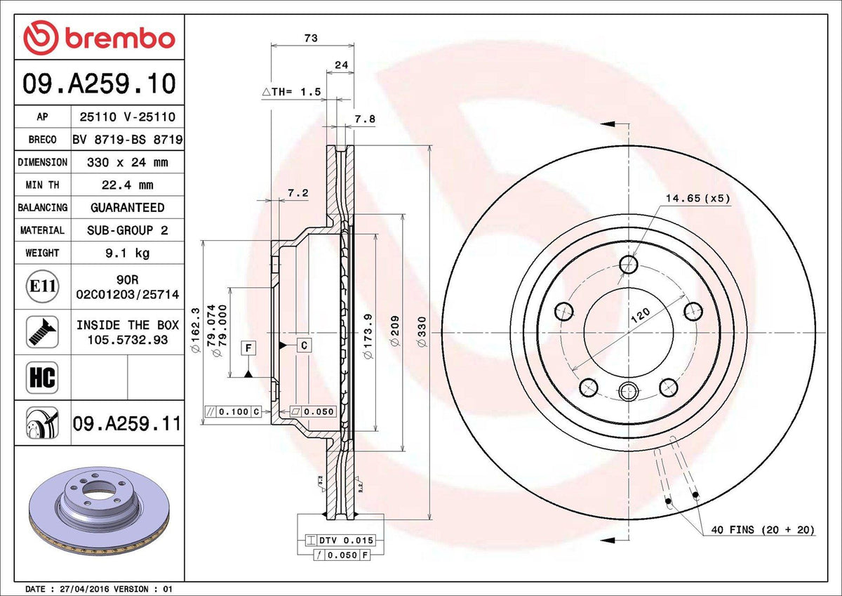 Brembo 09.A259.11 Brake Disc Front BMW E81 E82 E87 E88 E90 E91 E92 E93 X1 E84 Set of 2 — Brake Rotors & Drums