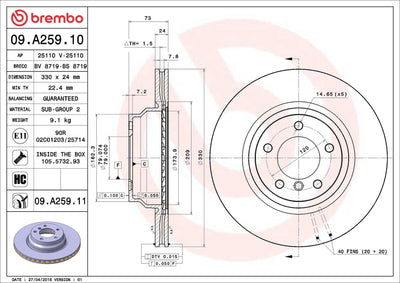 Brembo 09.A259.11 Brake Disc Front BMW E81 E82 E87 E88 E90 E91 E92 E93 X1 E84 Set of 2 — Brake Rotors & Drums
