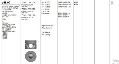 King 175091770 Piston 88.00mm (Std) Mercedes Sprinter 213-413 W203 E200-320 CDI Om646/Om647 (4-5-6 Sıl)