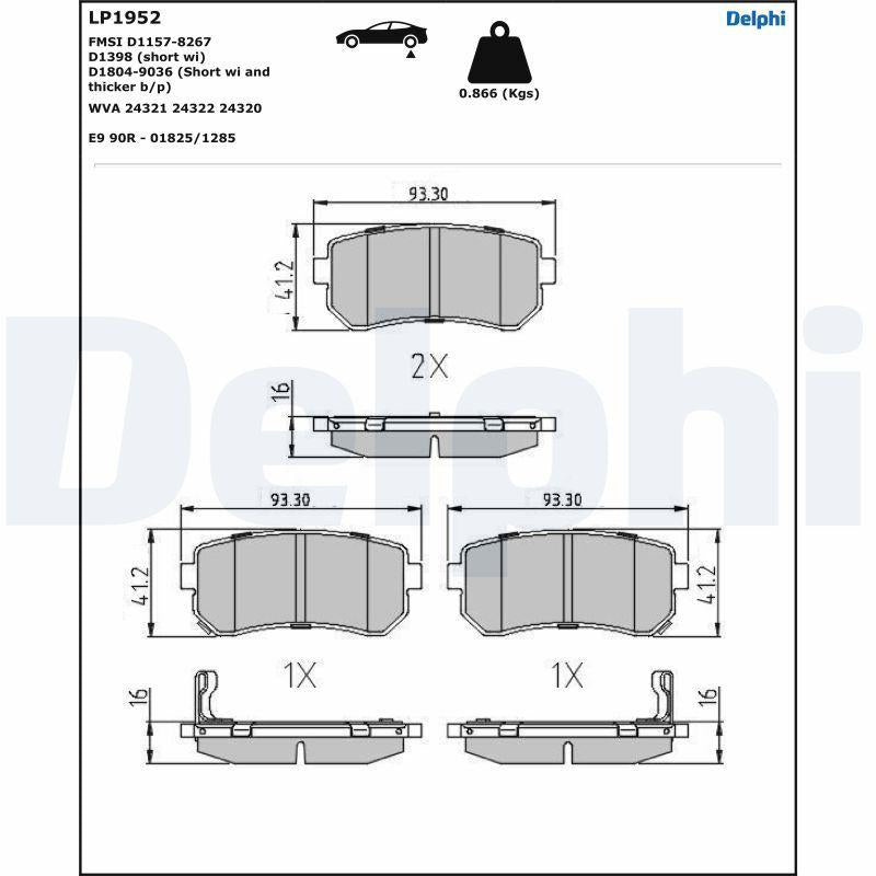 Delphi LP1952 Rear Brake Pad Hyundai Accent Era i20 i30 Ix20 Ix35 Sonata Kia Ceed Cerato Rio Sportage Picanto — Brake Pads