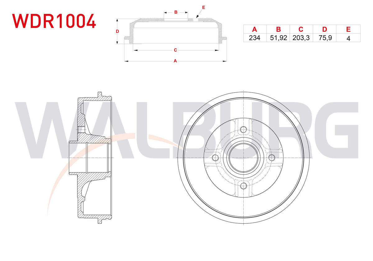 WALBURG WDR1004 Brake Drum Rear (ABS li Tip) 4 Hole 234X51, 92X203 and 3 more models — Brake Rotors & Drums