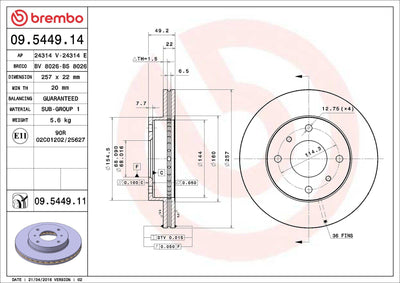 Brembo 09.5449.14 Brake Disc Front Air (257-4) Nissan Primera-P11 96 / 02 / Primera-P10 90 / 96 / Alme — Brake Rotors & Drums