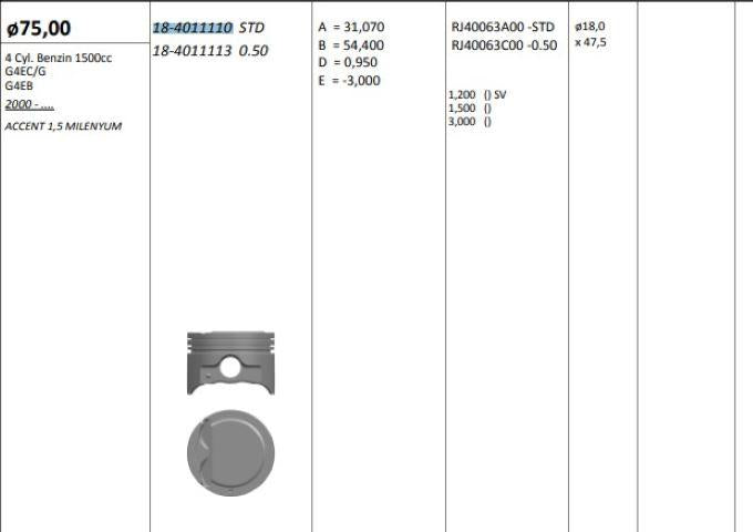 King 184011110 Piston 75.00 mm (Std) Hyundai Accent 1.5 Milenyum 00-G4ec G4eg G4eb (Gasoline) — Pistons & Rotating