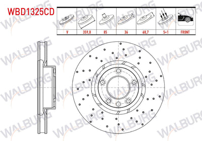 WALBURG WBD1325CD Brake Disc Left Front Air Coated Performance Drilled 5 Bjn 359,80X36x85x68 — Brake Rotors & Drums