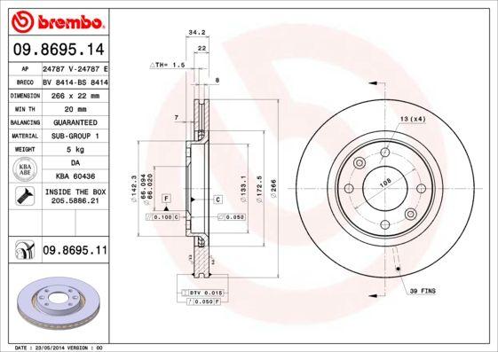 Brembo 09.8695.11 Brake Disc Front 266mm Peugeot 206/206+/207/208/301/307/Partner Berlingo C1 C-Elyse Set
