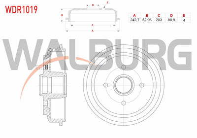 WALBURG WDR1019 Brake Drum Rear 4 Hole 242,7X52,96X203x80,9 Ford Fiesta V 1.25i-1.4i 16V-1.4 TDCi-1.6 TDCi 2001-2008 / Fusion 1.4 TDCi-1.6 TDCi-1.6i 2002-2010