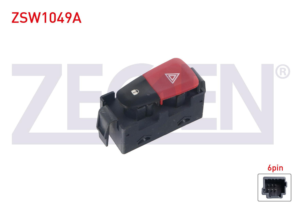 Zegen ZSW1049A Door Lock Ve Flasher Switch 6 Pin Red Light Renault Megane III-Scenic III 2008-2015 / Dacia Lodgy-Sandero-Dokker 2008