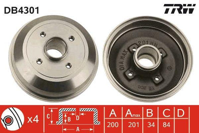 TRW DB4301 Rear Brake Drum Opel Corsa C 00-09 ABS excluding — Brake Rotors & Drums
