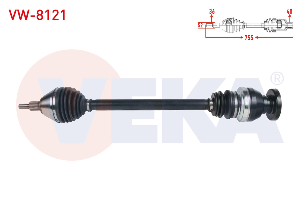 Veka VW-8121 Complete Axle Right Front Length 755mm VW Polo (6R) 1.4 TDI A-T 2014-/ Seat Ibiza IV (6J5) 1.4 TDI A-T 2005-2017 / Skoda Fabia (Nj3) 1.4 TDI A-T 2014-/ Rapid 1.4 TDI A-T 2015-2019