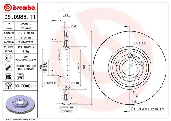 Brembo 09.D985.11 Mercedes W118/W177/W247 Front Brake Disc Set of 2 — Brake Rotors & Drums