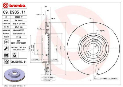 Brembo 09.D985.11 Mercedes W118/W177/W247 Front Brake Disc Set of 2 — Brake Rotors & Drums