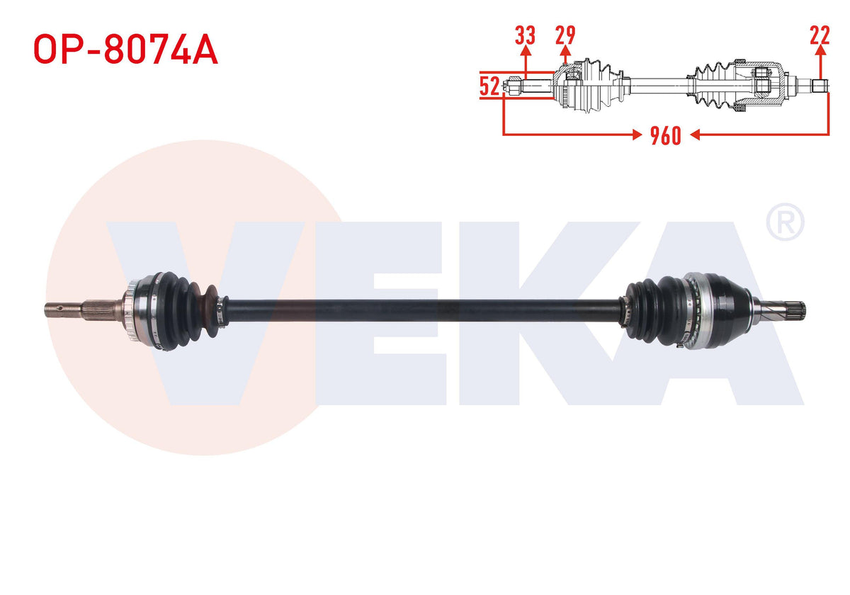 Veka OP-8074A Complete Axle Right Front with ABS 29 Outer Length 960mm Opel Vectra B 1.8i 16V 1999 — Axles, CV Joints & Boots