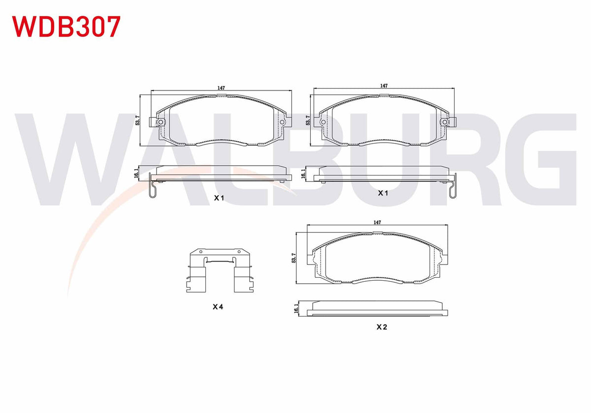 WALBURG WDB307 Brake Pad Front with Wear Indicator Hyundai Starex 2.4i 1997-2003 / Starex 2.5 CRDi 1997-2007 / S — Brake Pads