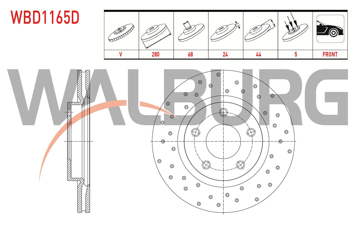 WALBURG WBD1165D Brake Disc Front Air Performance Drilled 5 Bjn 280X24x68x44 Nissan Juke 1.5 dCi 2010 — Brake Rotors & Drums