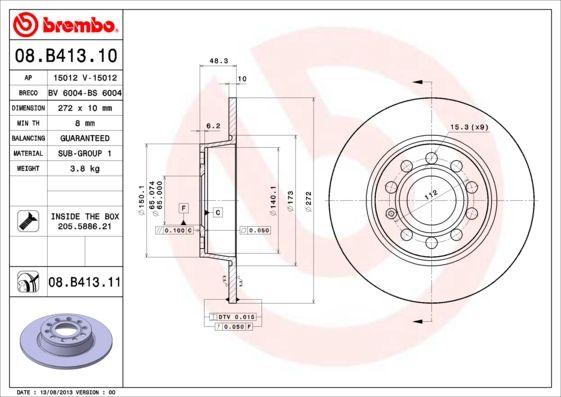 Brembo 08.B413.10 Brake Disc Rear (VW Caddy 11-Golf 09-Passat 13-15 Audi A3 09-Seat Leon 13 -) — Brake Rotors & Drums
