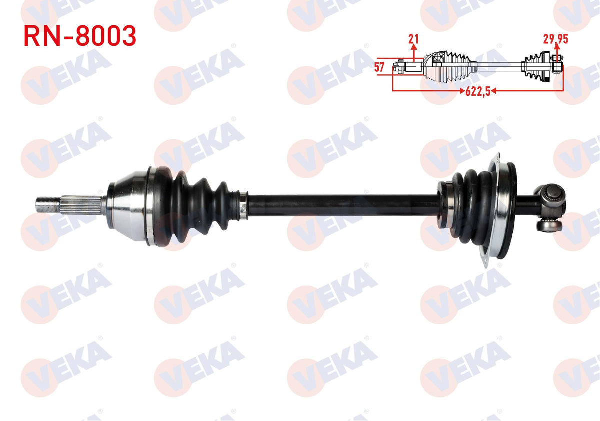 Veka RN-8003 Complete Axle Left Front Renault Kangoo (Kc0 / 1) 1.9 DTi Length 624,7mm 1998-2008 — Axles, CV Joints & Boots