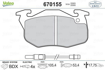 Valeo 670155 Brake Pad Front Peugeot 106-306 1.4-1.5D R9 R11 R18 R19 R21 Clio I — Brake Pads