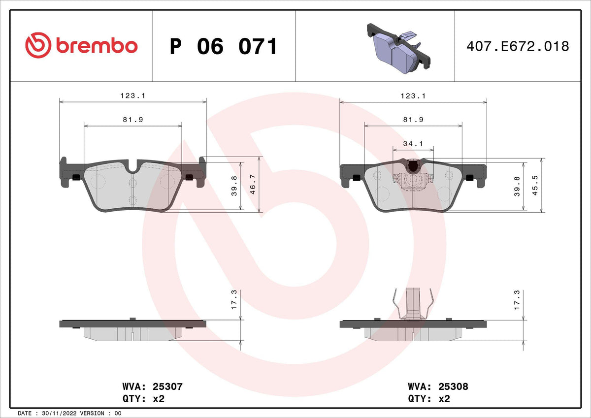 Brembo P06071 Brake Pad Rear BMW F20/F21/F22/F23/F30/F31/F32/F33/F34/F36/F80 — Brake Pads