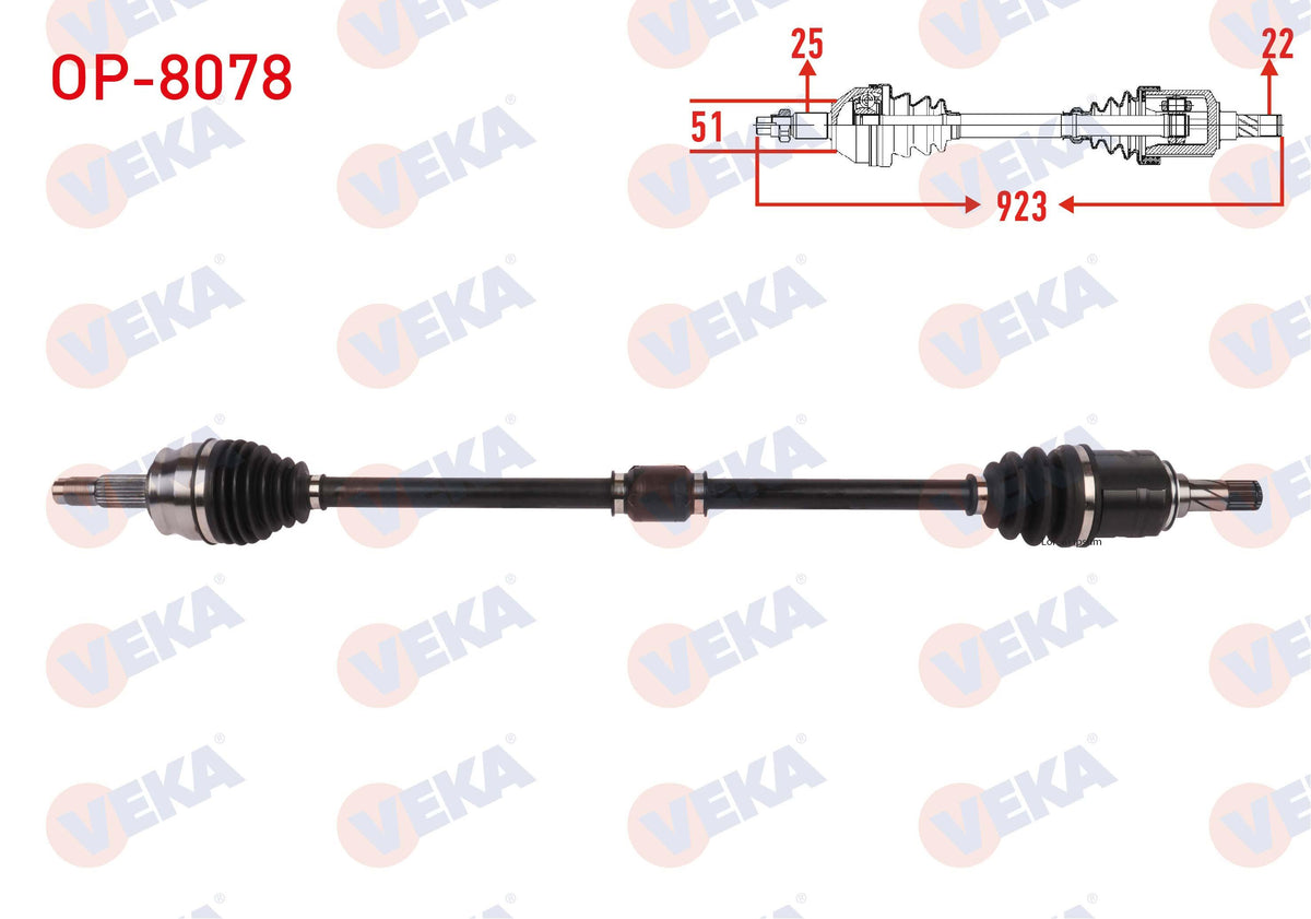 Veka OP-8078 Complete Axle Right Front Length 923mm Opel Corsa E 1.3 CDTi 2014 — Axles, CV Joints & Boots