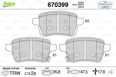Valeo 670399 Brake Pad Rear Fiat 500L/Egea 1.4-1.6D Multijet 2013- — Brake Pads