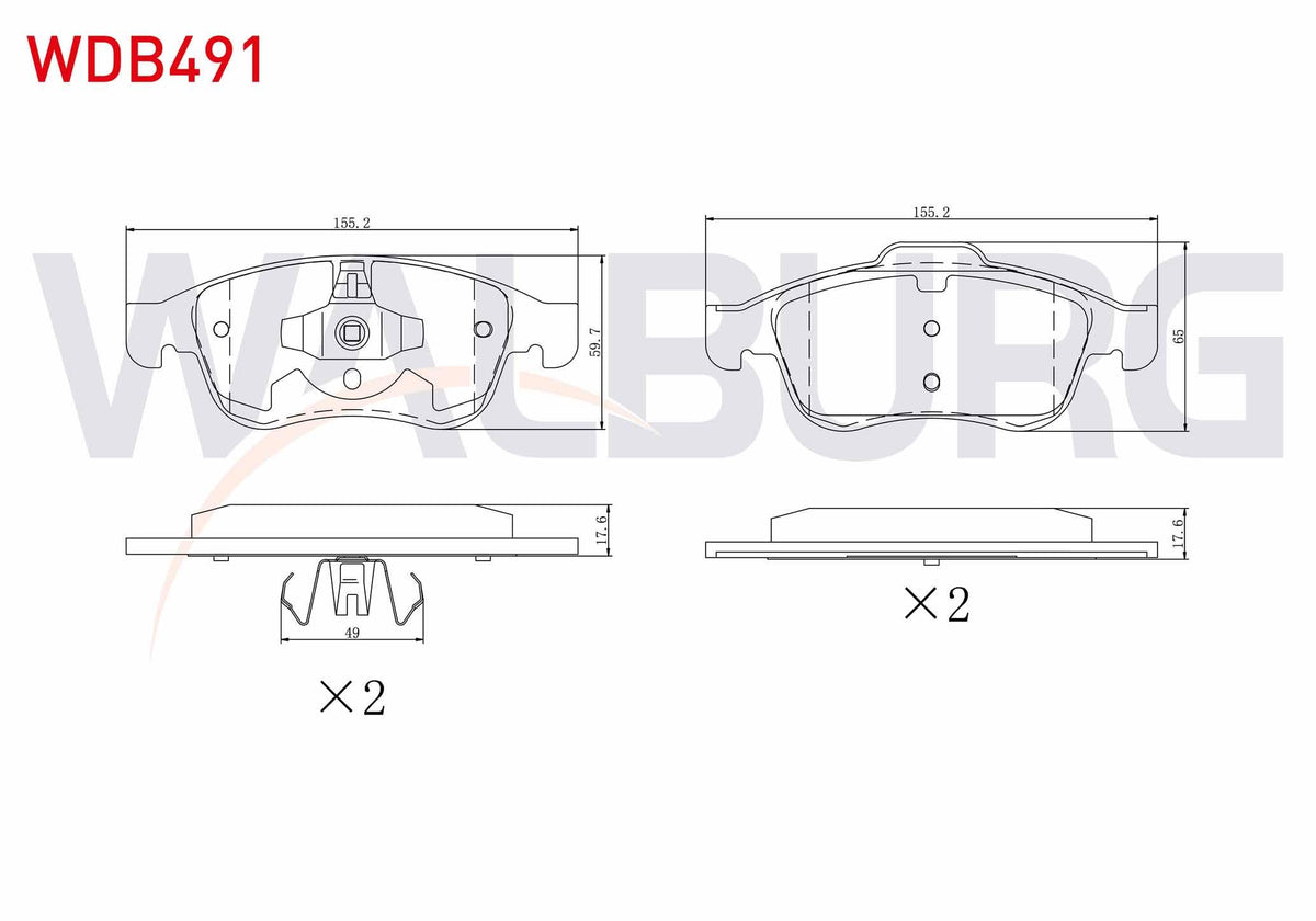 WALBURG WDB491 Brake Pad Front 15-16 Rim Renault Captur I-II 13-/ Clio V 19-/ Fluence 10-/ Megane III 08-15 / Scenic 09-/ Zoe 19-/ Dacia Dokker 12-/ Duster 13-/ Lodgy 12-/ Nissan Juke (F16)