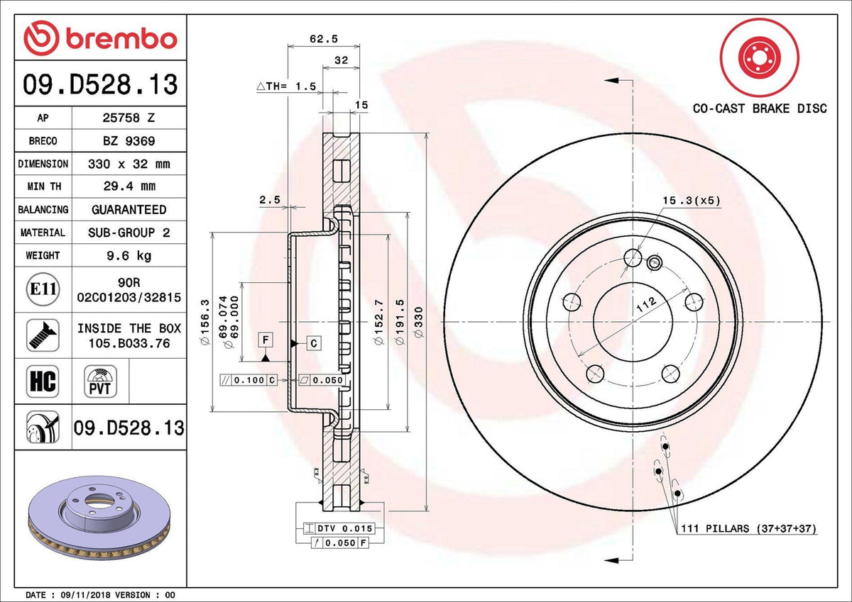 Brembo 09D52813 Brake Disc Front Mercedes W205 S205 C205 A205 W213 S213 C238 A238 X253 C253 — Brake Rotors & Drums