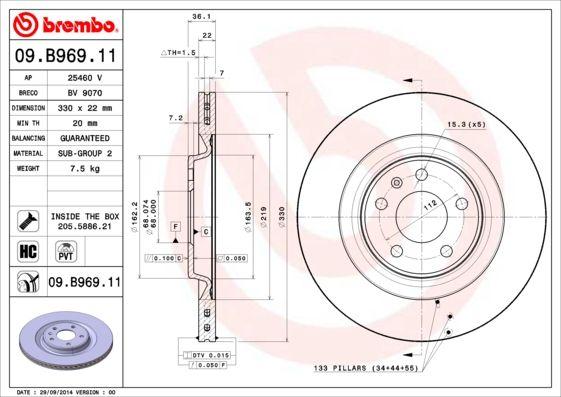 Brembo 09.B969.11 Brake Disc Audi A4/A5/A6/A7/A8 Q5 Touareg Macan Rear 330X22 07-24 Set — Brake Rotors & Drums