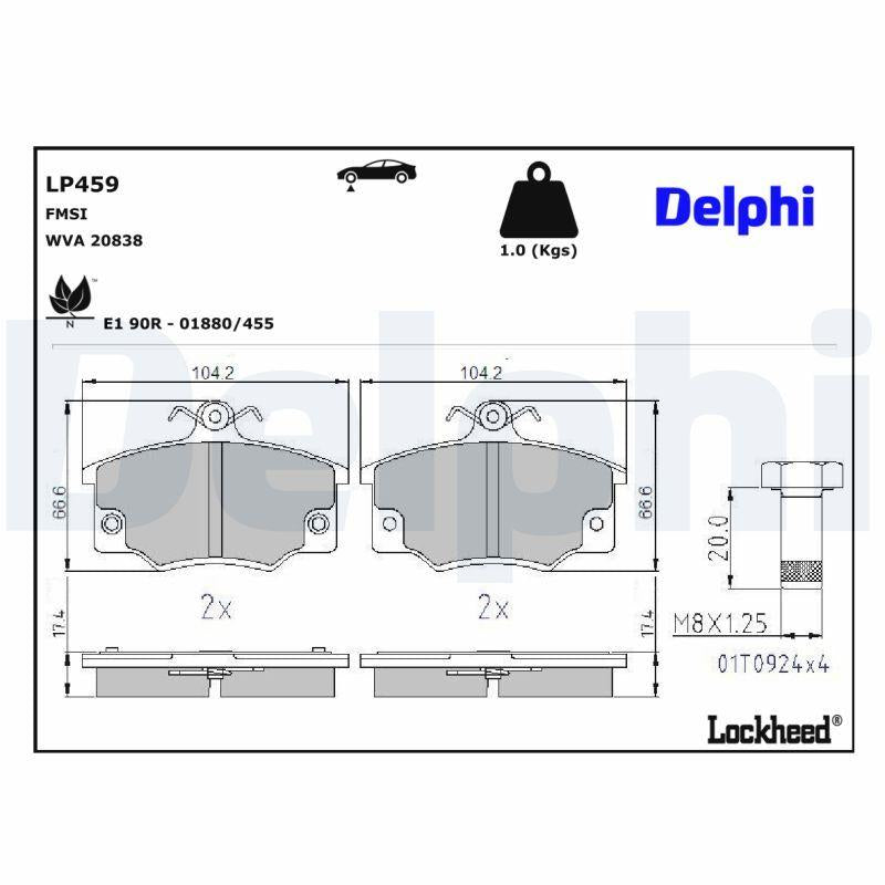 Delphi LP459 Brake Pad Front Tempra-Tipo 2.0 Punto/Uno/Panda/Alfa 145/146/155
