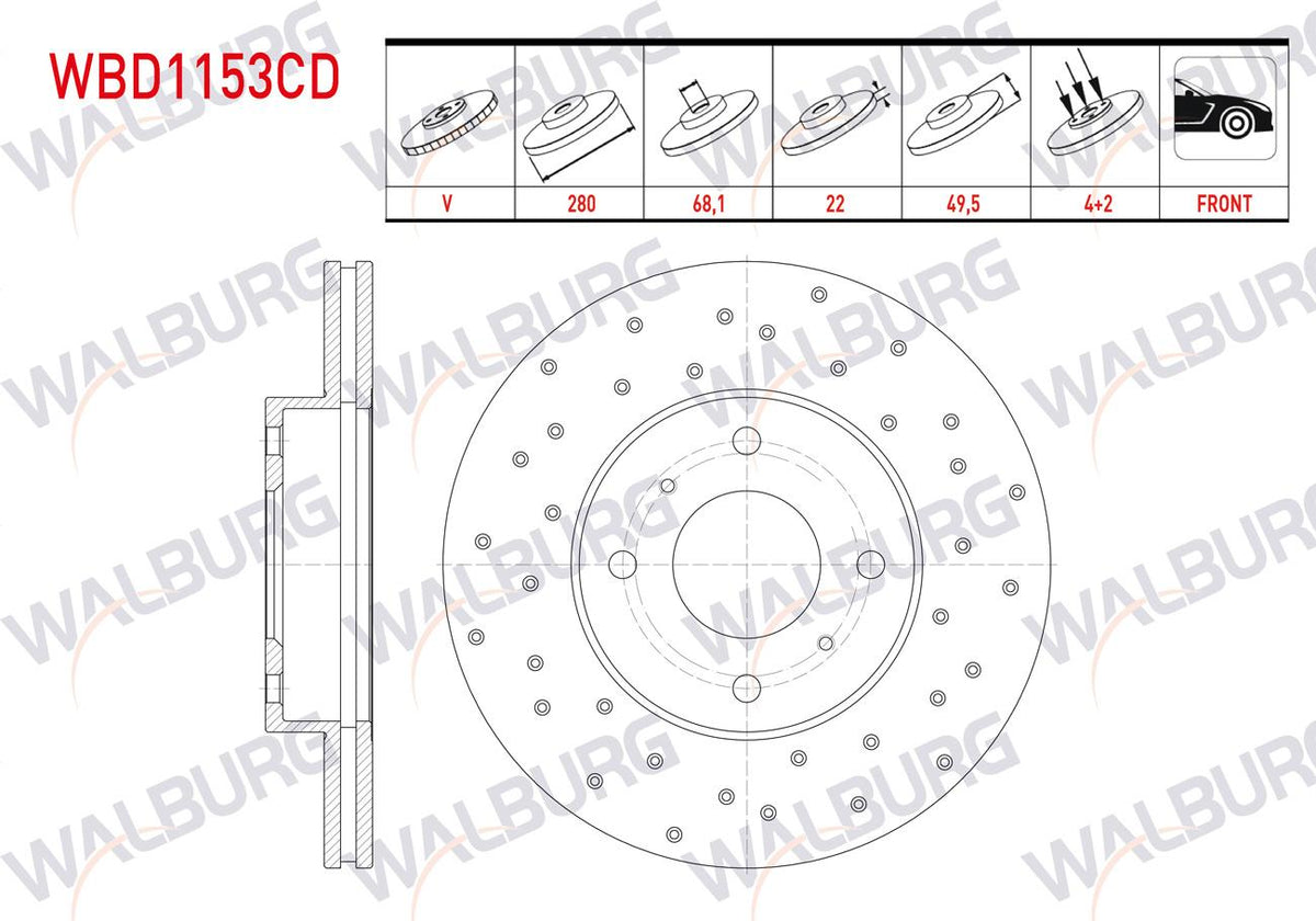 WALBURG WBD1153CD Brake Disc Front Air Coated Performance Drilled 4 Bjn 280X22x68,1X49 — Brake Rotors & Drums