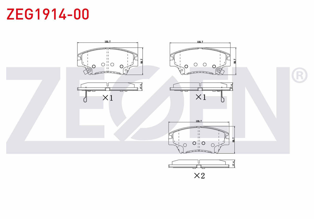 Zegen ZEG1914-00 Brake Pad Front with Wear Indicator Ssangyong Tivoli 1.6 2015-/ Ssangyong Tivoli 1.6 XDi 2015