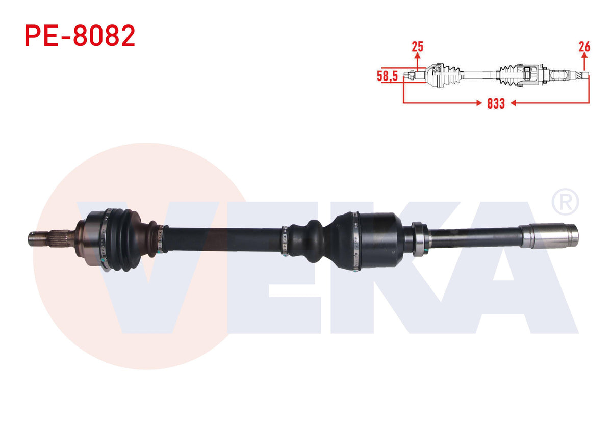 Veka PE-8082 Complete Axle Right Front Peugeot 307 (3A / C) 1.6 A-T Length 833mm 2000-2007 — Axles, CV Joints & Boots