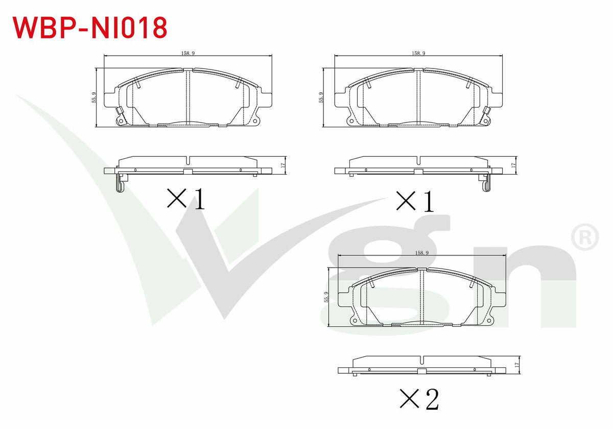 WGN WBP-NI018 Brake Pad Front with Wear Indicator Nissan X-Trail (T30) 2.0i 2001-2007 / X-Trail (T30) 2.5i 2001 — Brake Pads