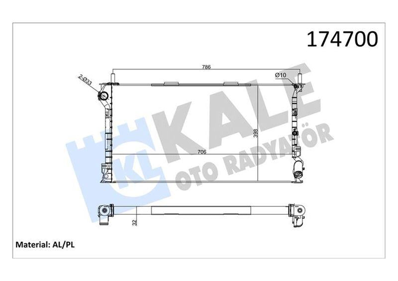 Kale 0224292AL Water Radiator (706X396x32) (with A/C) Ford Transit Connect 18 16V 18 TDCi 90Ps 13-(Alumini — Radiators & Fans