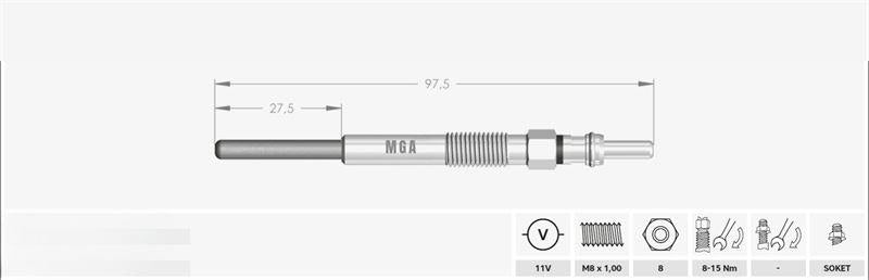 MGA 10021 Glow Plug 11V (Peugeot: 407-607-807- 4007 2.2 HDi 06 > / Citroen:C5-C6-C8 2.2 HDi 06 -) — Coils & Plugs