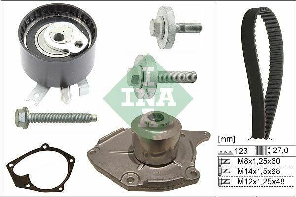 INA 530019731 - Timing Belt Set with Water Pump for Clio II III, Megane and 5 more models — Water Pump & Thermostat