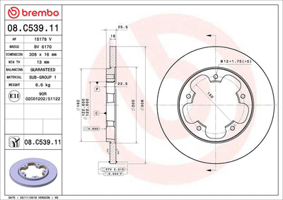 Brembo 08.C539.11 Ford Transit 2018> Rear Disc Set Single Wheel UV Coated Set