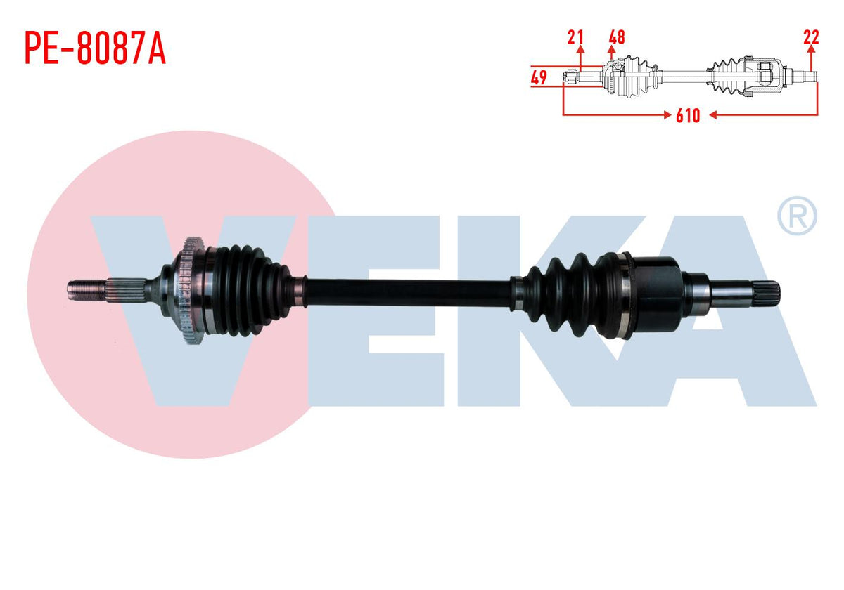 Veka PE-8087A Complete Axle Left Front Peugeot 206 + 1.4 HDi with ABS 48 Outer Length 610 mm 2009 — Axles, CV Joints & Boots