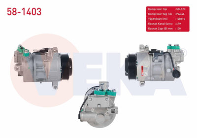 Veka 58-1403 A/C Compressor 6Pk 100mm BMW 1 Series (E87) 118D-120D 2003-2012 / 3 Series (E90) 320D 2005-2011