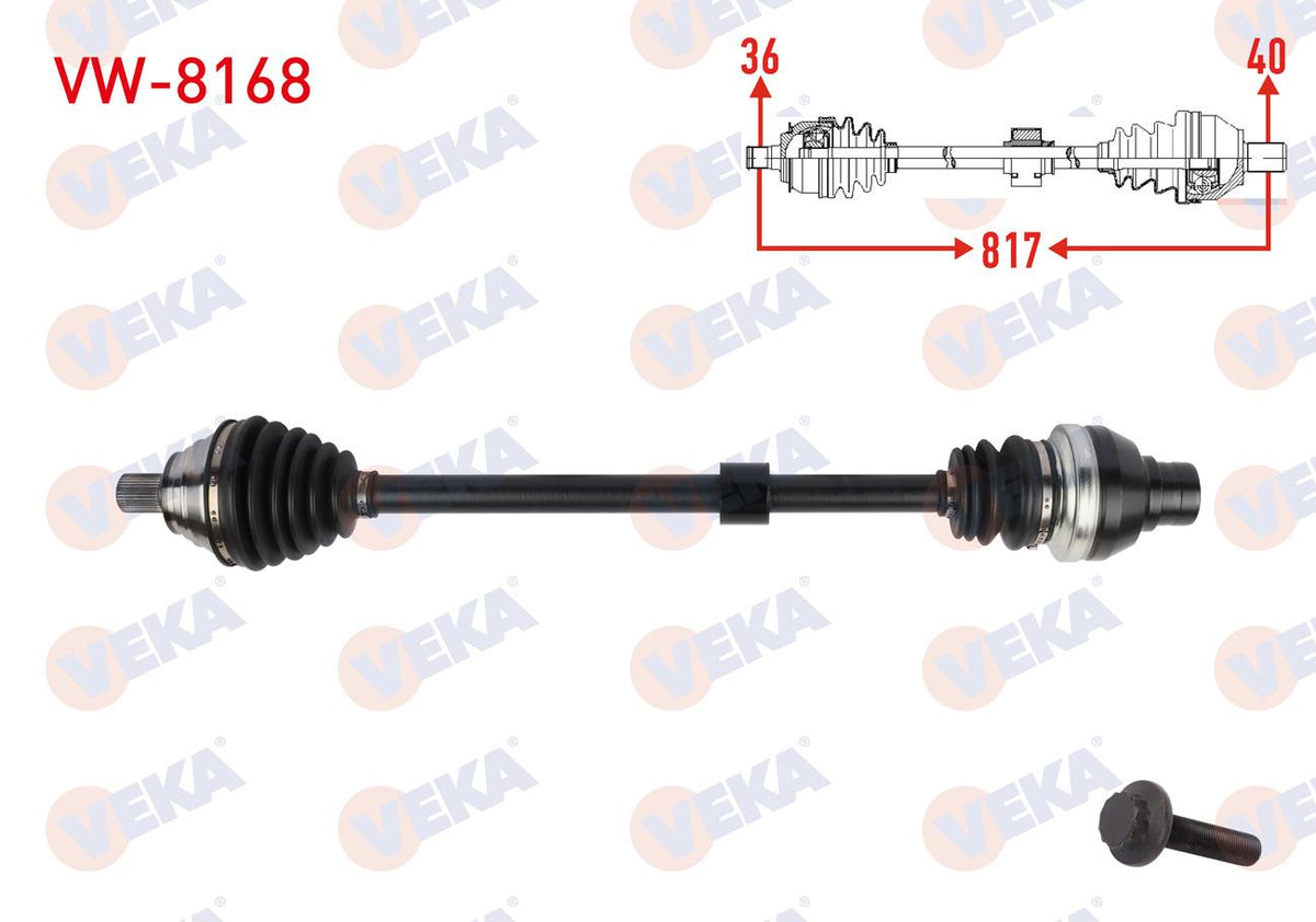 Veka VW-8168 Complete Axle Right Front Length 817mm Volkswagen Golf 2017-2020 / T-Roc 2019-/ Skoda — Axles, CV Joints & Boots