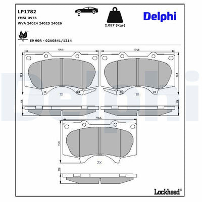 Delphi LP1782 Front Brake Pad Toyota Hilux (2009–2012) / Land Cruiser (2003→) / Mitsubishi Pajero (2007–2012) — Brake Pads