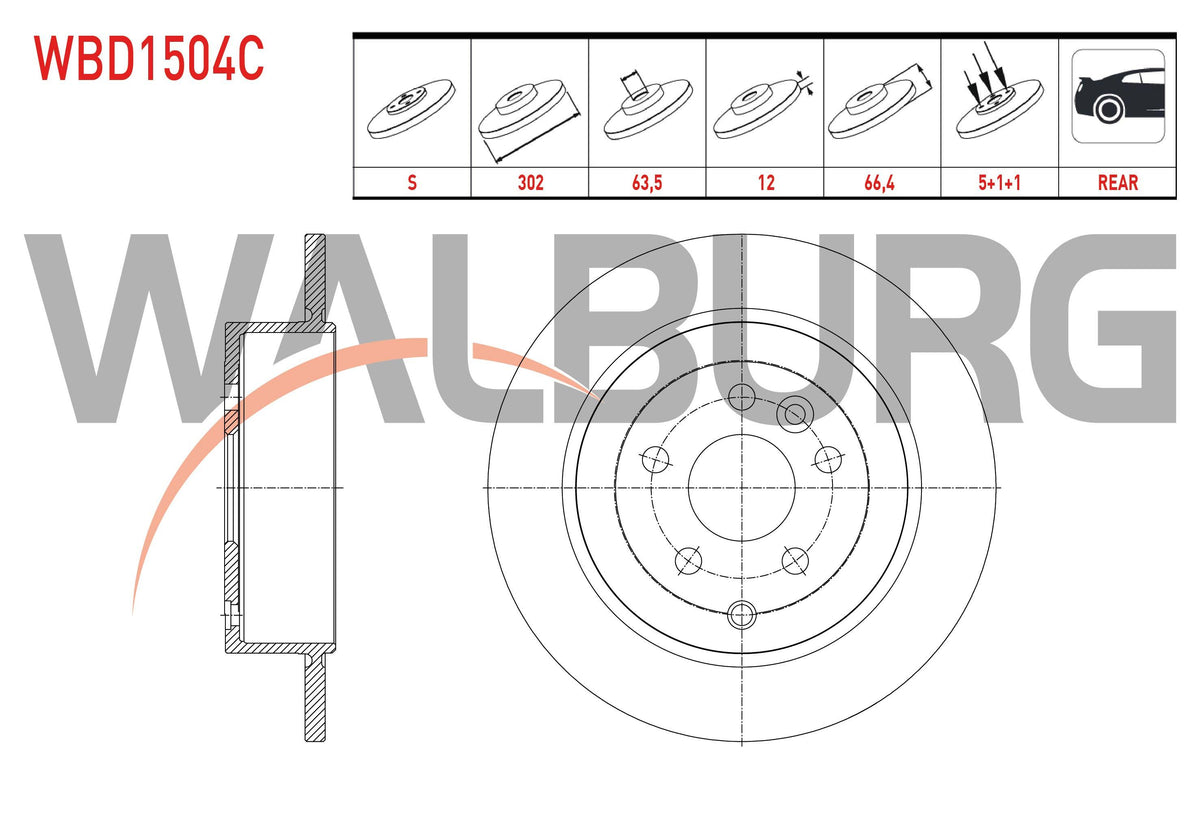 WALBURG WBD1504C Brake Disc Rear Straight Coated Land Rover Freelander II (Fa) 2.2 Td4 5 Bjn 302X12x63 — Brake Rotors & Drums