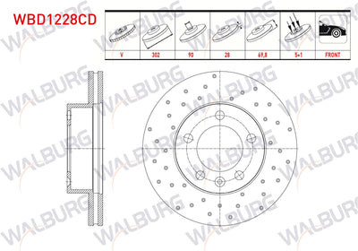 WALBURG WBD1228CD Brake Disc Front Air Coated Performance Drilled 5 Bjn 302X28x90x69 — Brake Rotors & Drums