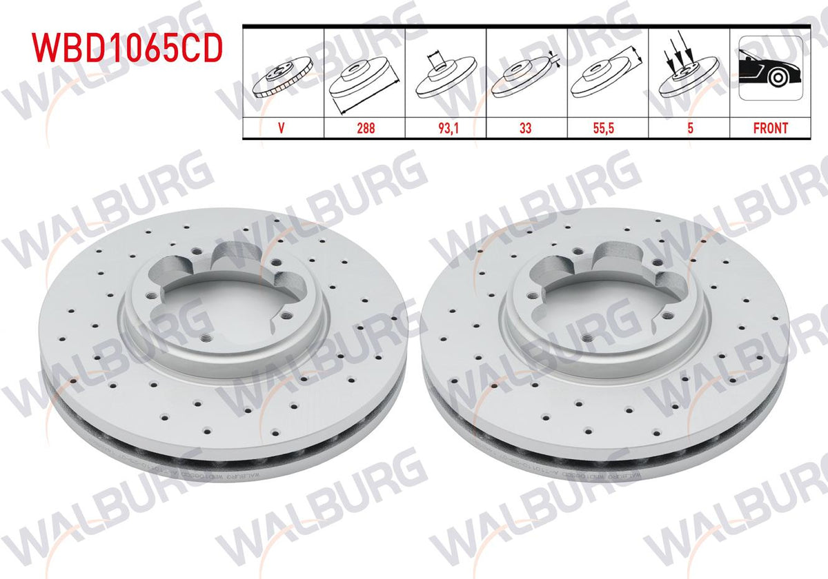 WALBURG WBD1065CD Brake Disc Front Air Coated Performance Drilled 5 Bjn 288X33x93,1X55 — Brake Rotors & Drums